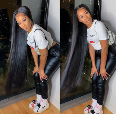 Woman posing indoors with a cityscape background